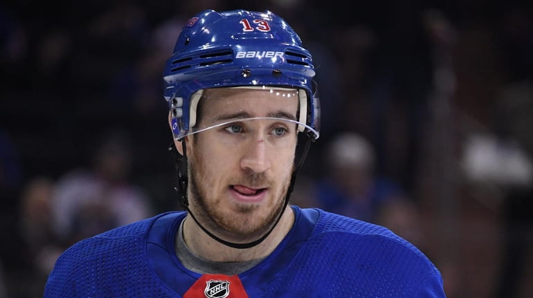 New York Rangers center Kevin Hayes looks on against the...