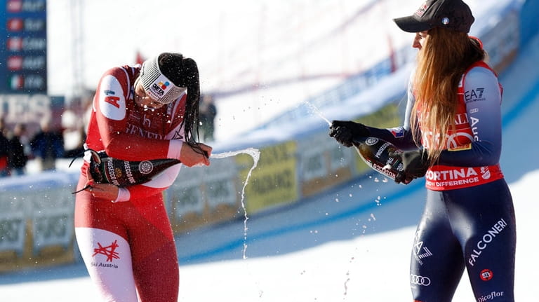 Austria's Stephanie Venier, winner of an alpine ski, women's World...