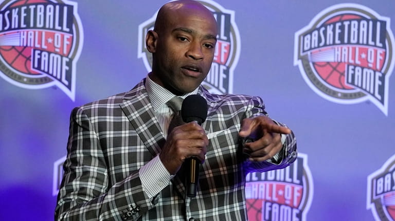 Vince Carter speaks during the Basketball Hall of Fame news...