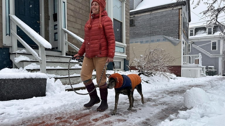 Lisa Silverman walks her dog Riley after an early-spring Nor'easter...
