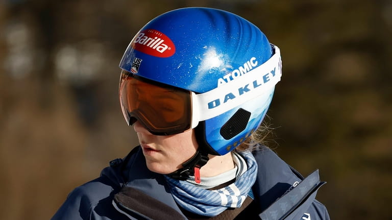 United States' Mikaela Shiffrin concentrates ahead of an alpine ski,...