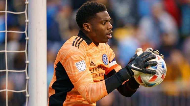 New York City FC's Sean Johnson makes a save during...