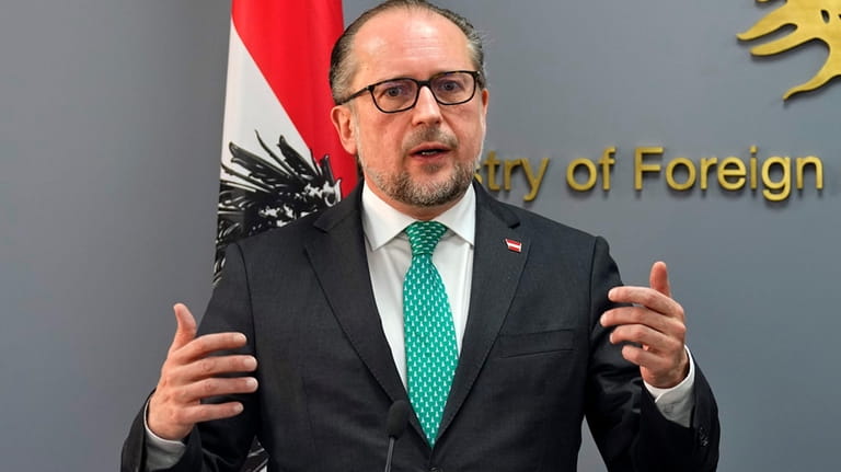 Austrian Foreign Minister Alexander Schallenberg, speaks to journalists during a...