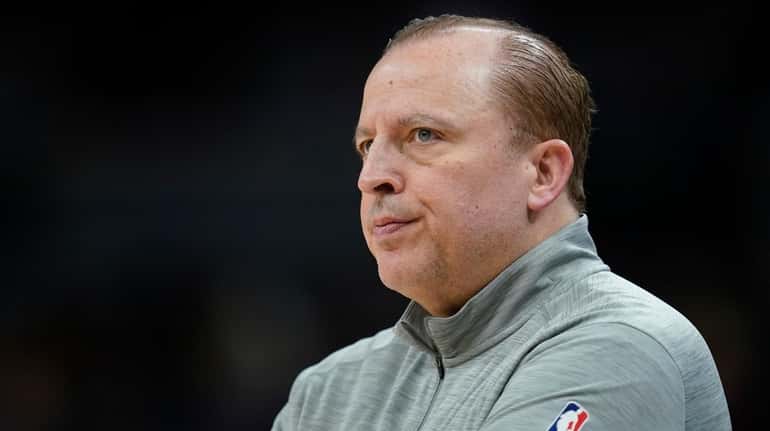 Knicks coach Tom Thibodeau watches during the second half of...