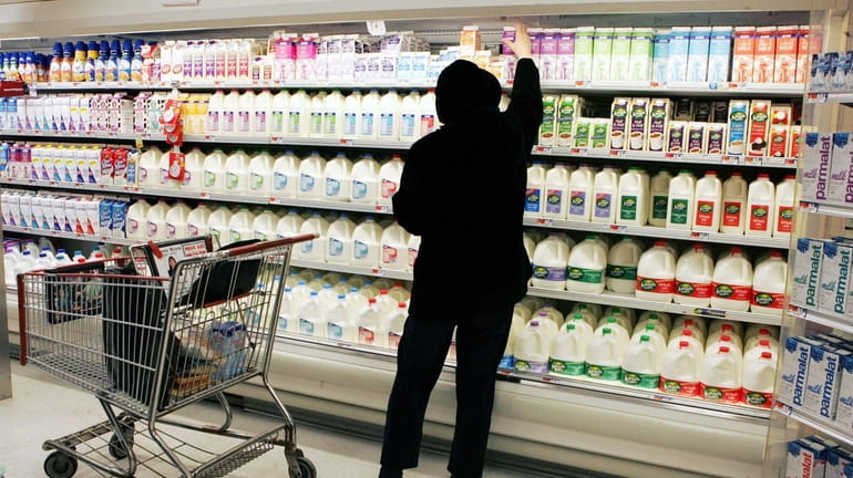A shopper reaches for a milk product in the Acme...