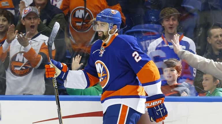 Nick Leddy of the New York Islanders celebrates his first-period...