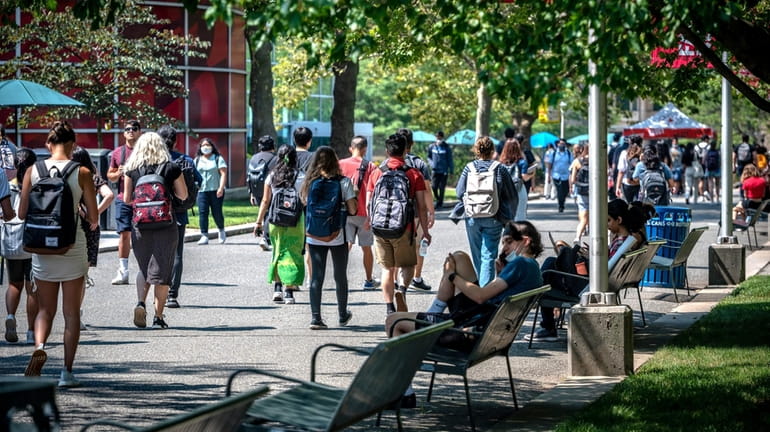 Students on campus at Stony Brook University in August 2021. The...