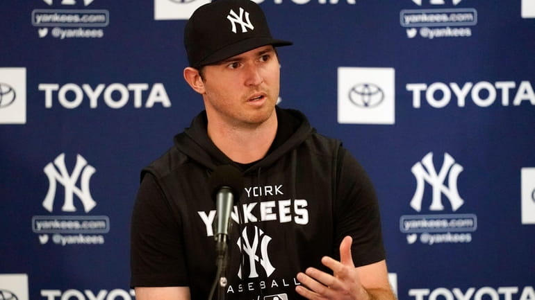 New York Yankees pitcher Zack Britton answers questions during a...