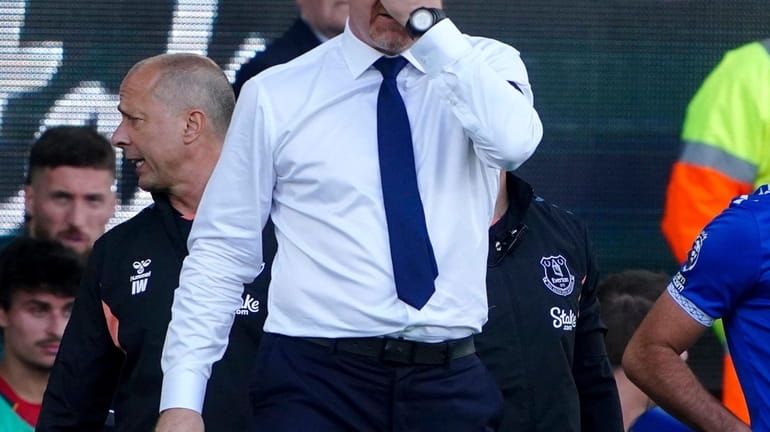 Everton Manager, Sean Dyche, reacts after his side concedes a...