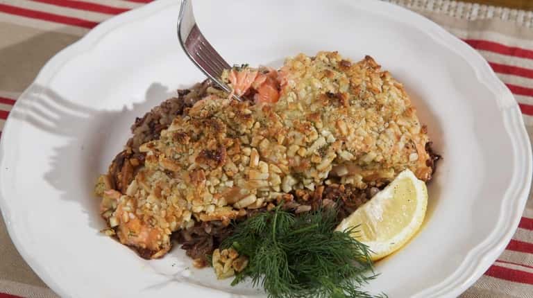 Madeline Basler's almond-encrusted baked salmon. Pistachios or walnuts can be...