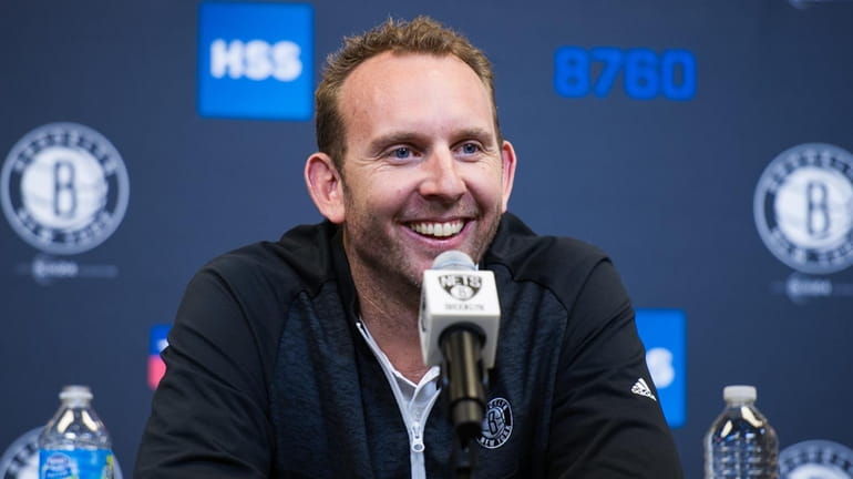 Brooklyn Nets general manager Sean Marks speaks during an end-of-season...