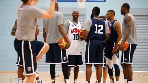 United States players, from right, LeBron James, Russell Westbrook, James...