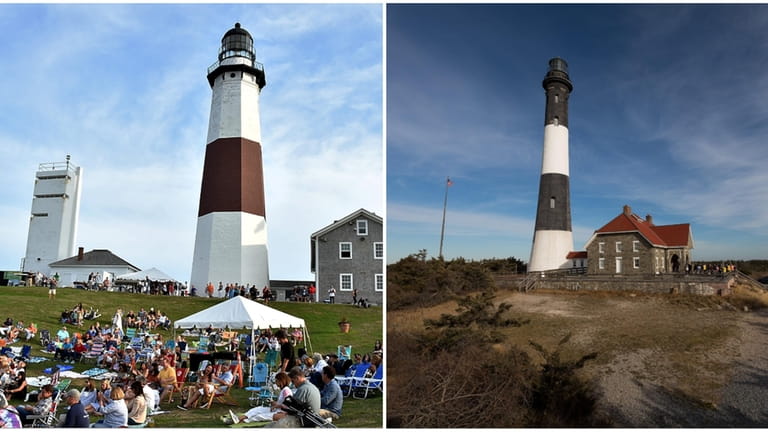 People relax on the slopes of the Montauk Lighthouse.; Explore the The Fire...