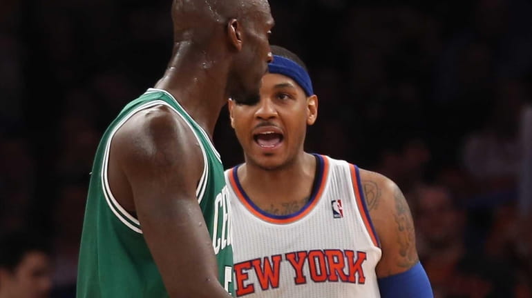 Carmelo Anthony yells at Boston Celtics forward Kevin Garnett after...