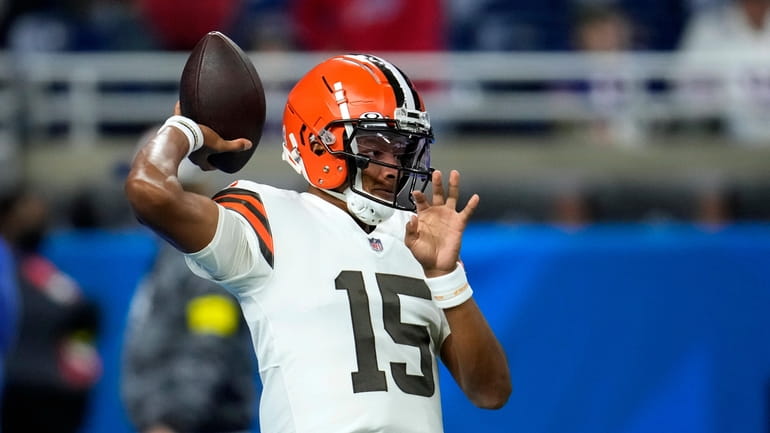 FILE - Cleveland Browns quarterback Joshua Dobbs throws during pregame...