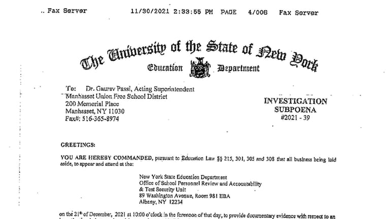 A subpoena sent by the New York State Education Department...