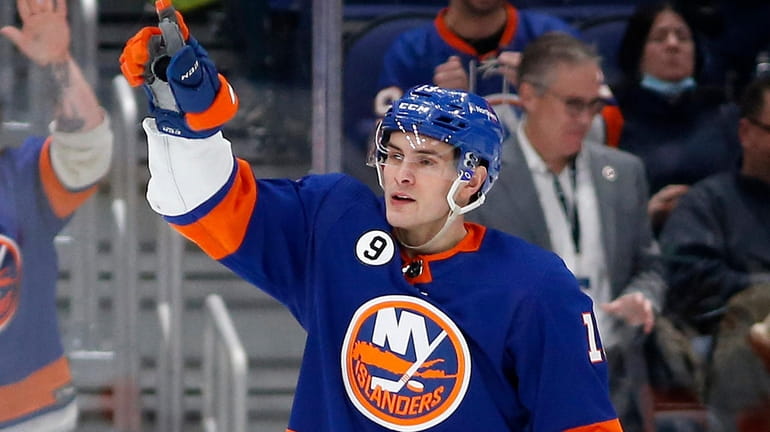 Mathew Barzal of the New York Islanders reacts after his...
