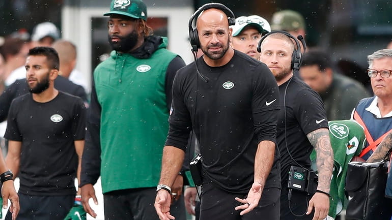 New York Jets head coach Robert Saleh reacts during the...