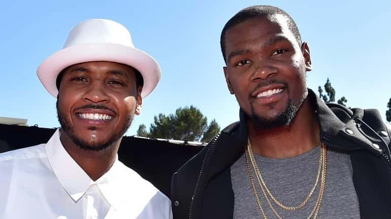 NBA players Carmelo Anthony, left, and Kevin Durant attend Nickelodeon...