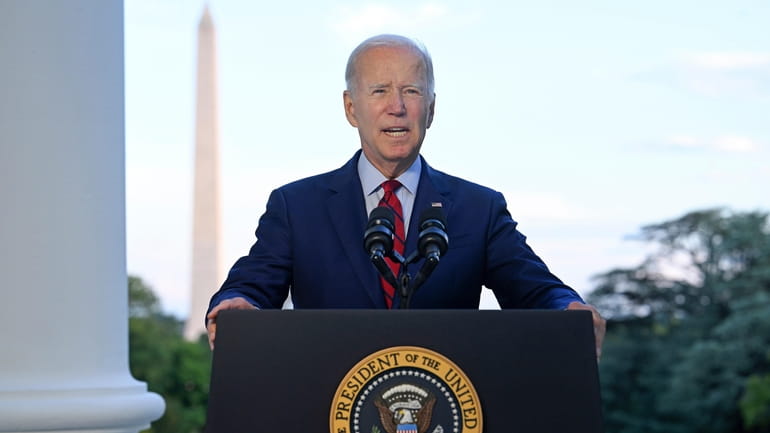 President Joe Biden speaks from the Blue Room Balcony of...