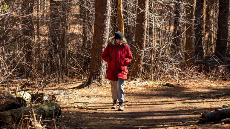 Raivo Breslin of Coram walks the trails on a cold, windy...