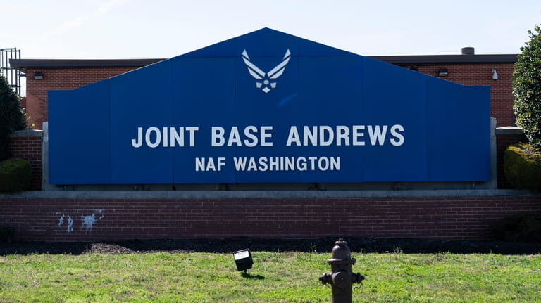 The sign for Joint Base Andrews is seen on March...