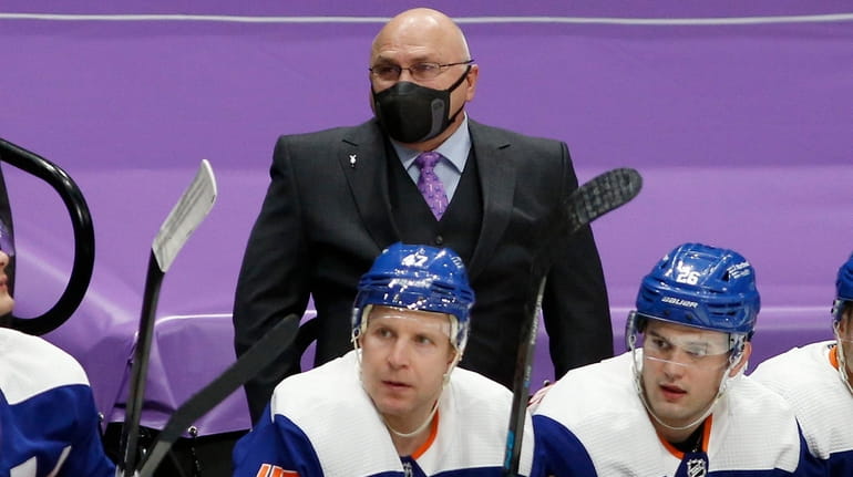 Islanders head coach Barry Trotz of the Islanders looks during the...