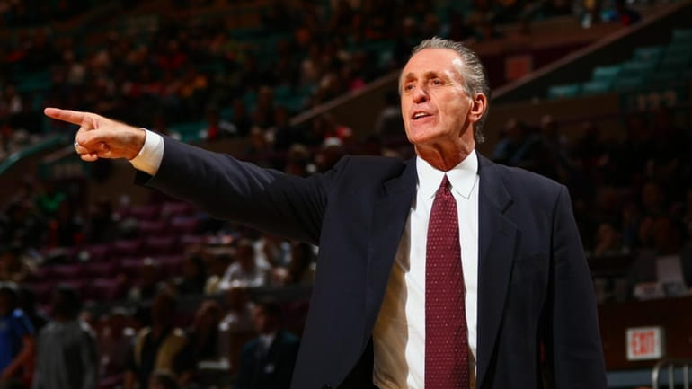 Pat Riley, head coach of the Miami Heat, gestures during...