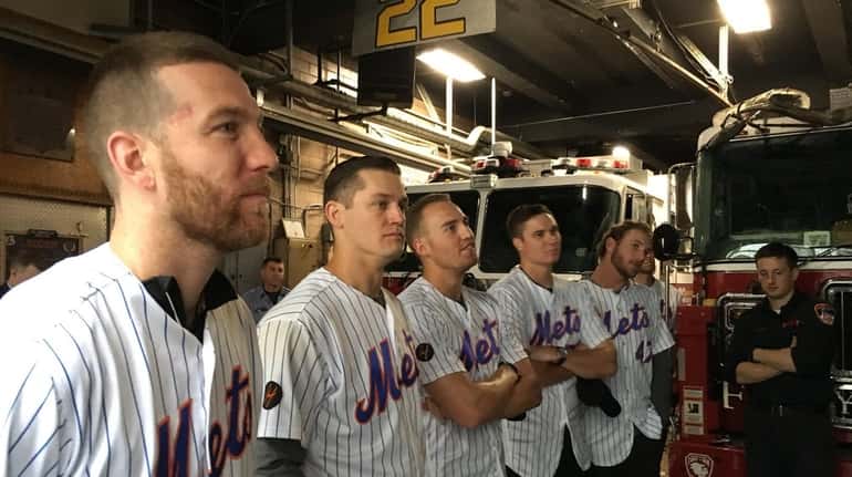 From left, the Mets' Todd Frazier, Paul Sewald, Brandon Nimmo,...