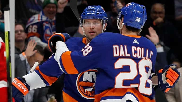 Josh Bailey of the Islanders celebrates his first-period goal against the...