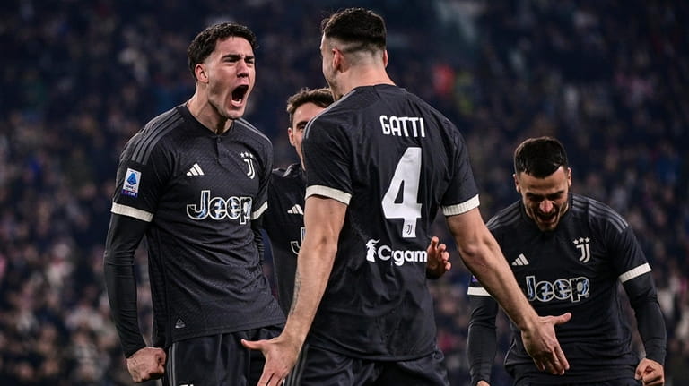 Juventus' Dusan Vlahovic celebrates scoring a goal, during the Italian...