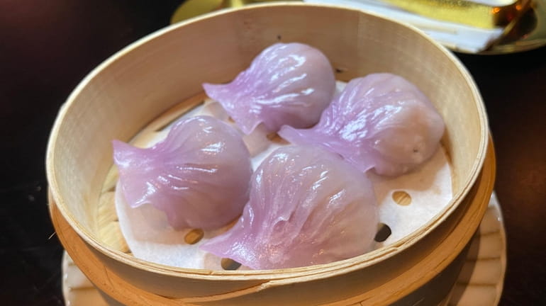 Crystal shrimp dumplings have a purple sheen at Cinnabar in...