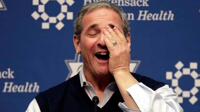 Giants general manager Dave Gettleman reacts to a question during...