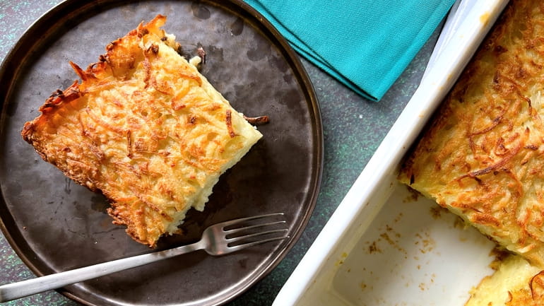 Passover potato kugel has a crispy crust and creamy interior.