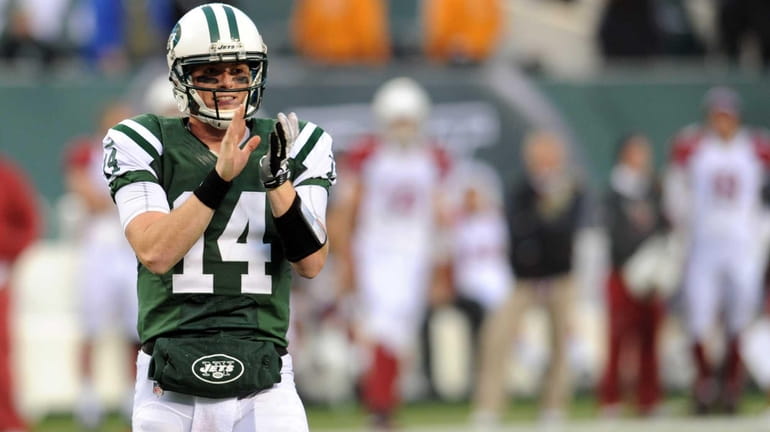 Jets quarterback Greg McElroy reacts during the second half of...