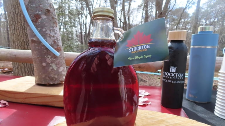 A bottle of maple syrup produced by Stockton University's Maple...