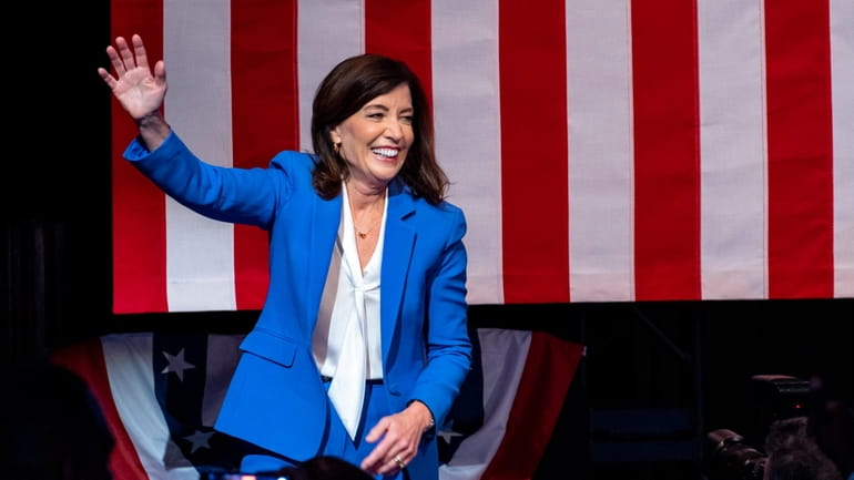 New York Gov. Kathy Hochul celebrates after declaring victory at...