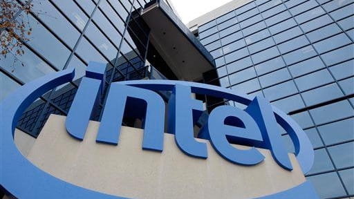 The Intel sign is shown at Intel headquarters in Santa...
