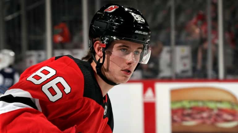 Jack Hughes of the Devils during warms up prior to taking on...