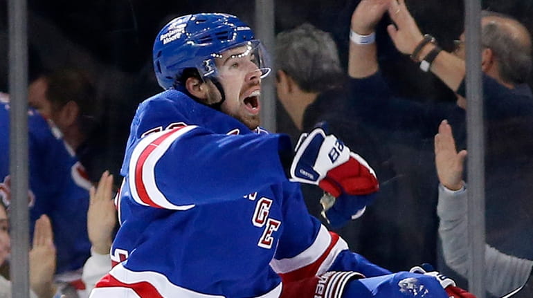 Filip Chytil of the Rangers celebrates his second goal of the second...
