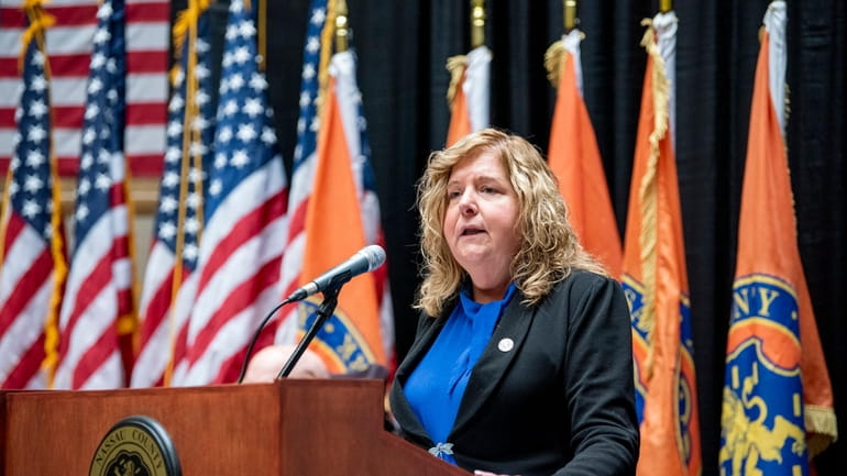 Nassau County District Attorney Anne Donnelly addresses the crowd during...