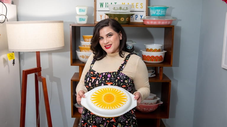 Alyssa Durante with a piece from her Pyrex tupperware collection...