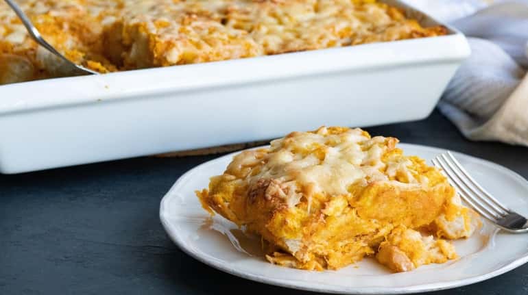 Savory bread pudding casserole made with roasted butternut squash.
