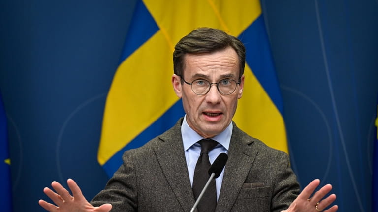 Sweden's Prime Minister Ulf Kristersson attends a news conference on...
