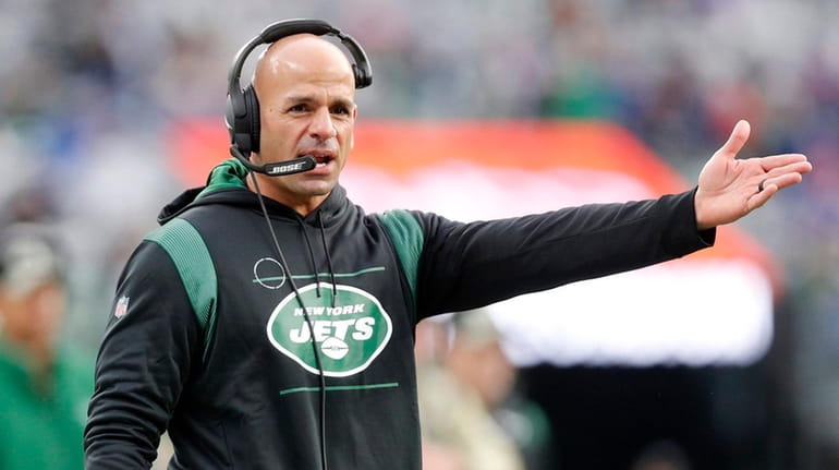 Head coach Robert Saleh of the Jets reacts during the second...