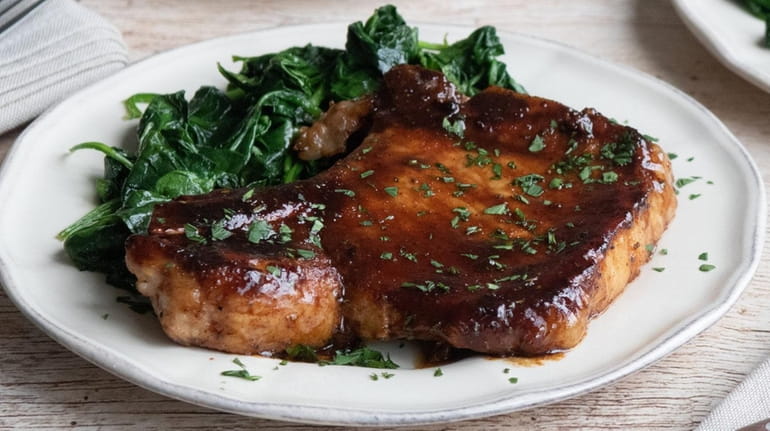 Pan-seared pork chops glazed with brown sugar, balsamic vinegar, mustard...