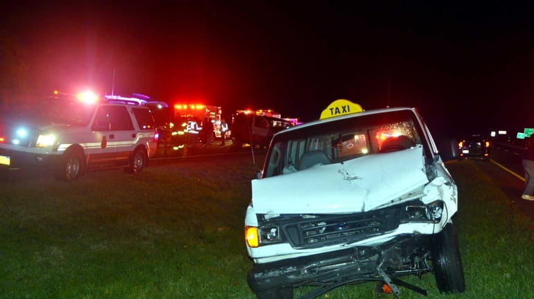 The scene of a two-car crash in Centereach on Saturday,...