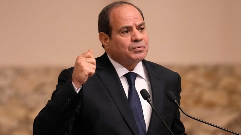 Egyptian President Abdel Fattah el-Sissi gestures during a joint press...