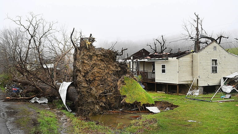 A tree sits uprooted and the roof is ripped off...