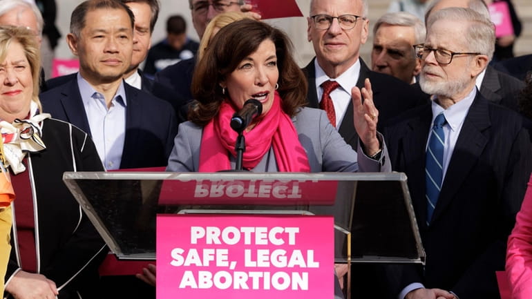 Gov. Kathy Hochul addresses a Planned Parenthood rally outside the State...